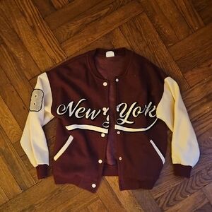 Zara Maroon and Cream Varsity Jacket "Best In The City New York" Sz 8-9